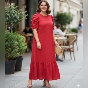 SHEIN Curve fluttered sleeves Red Women’s Maxi Long Ruffle Trim Button Dress 2XL